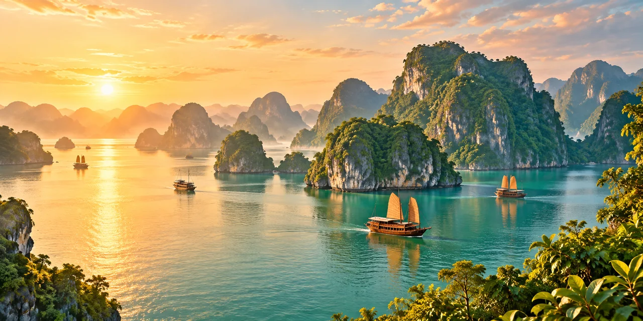 Minh họa vịnh Hạ Long với núi đá và thuyền trong ánh hoàng hôn